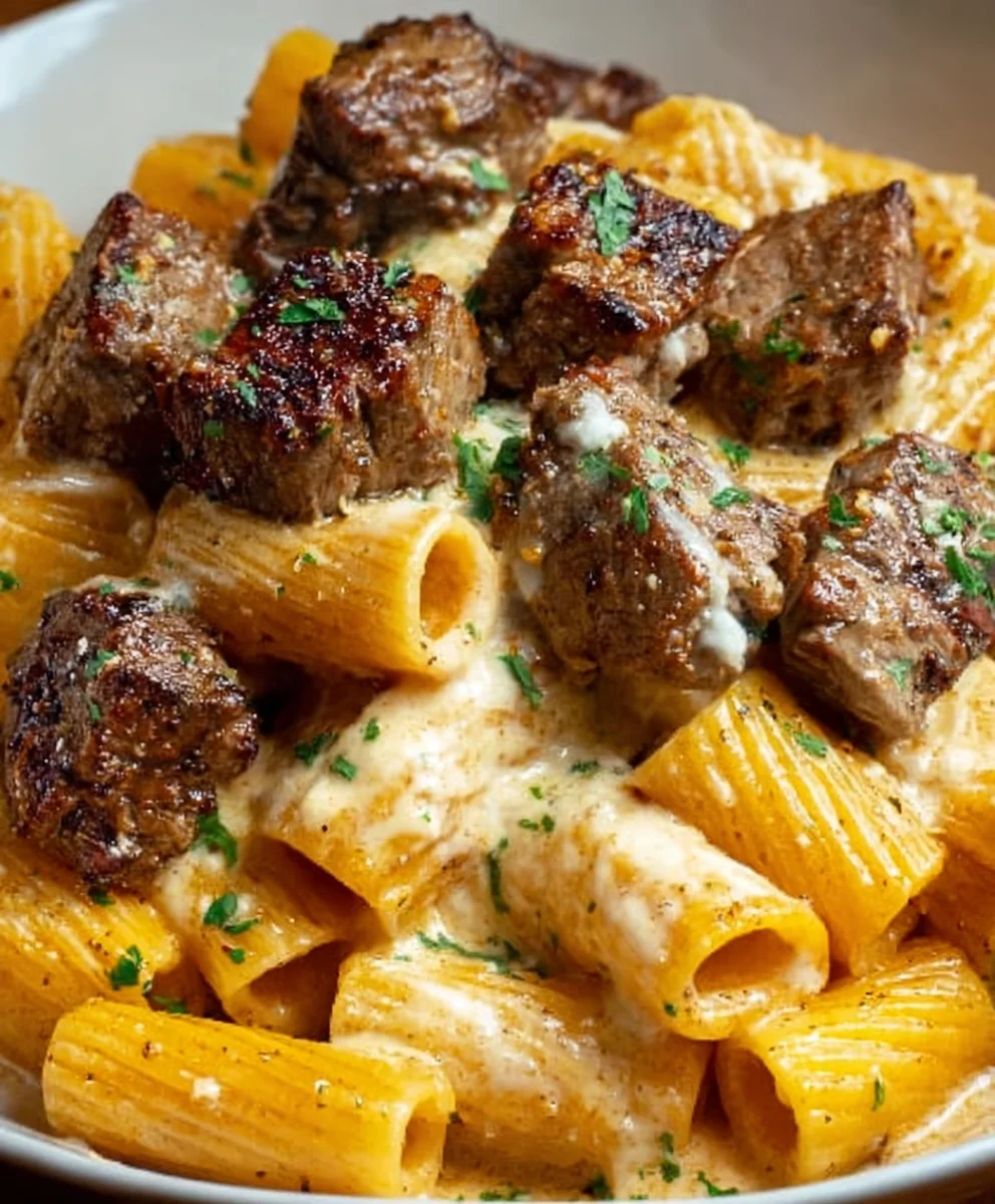Cajun Steak Tips Rigatoni Parmesan - Cheesy Comfort