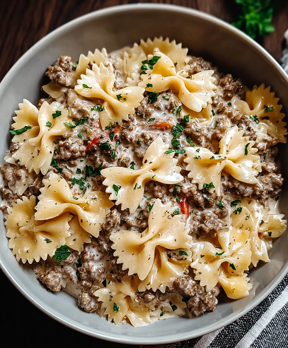Beef Bowtie Pasta Alfredo - Easy Dinner Recipe