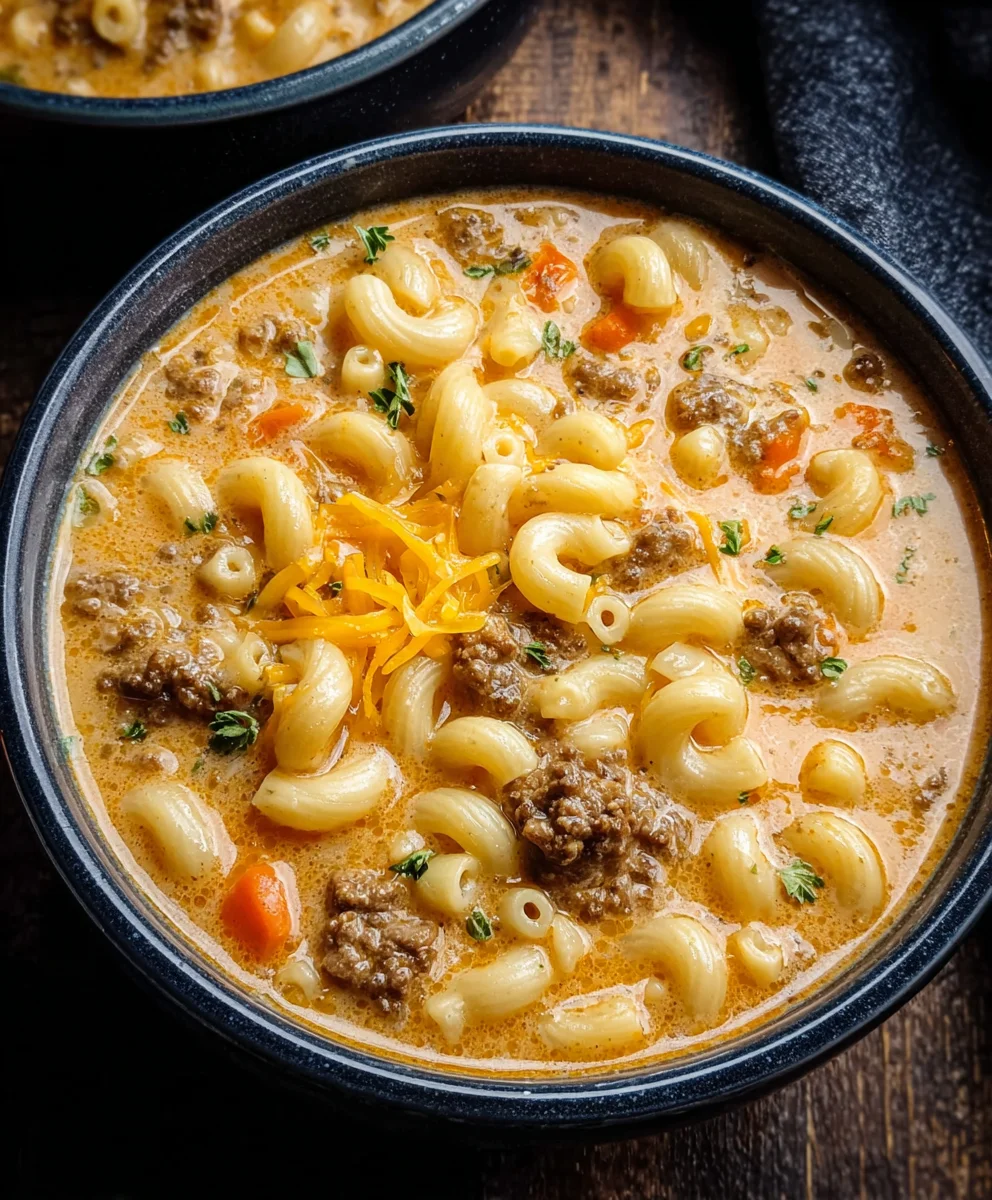Creamy Cheeseburger Macaroni Soup-Comfort Food Bowl