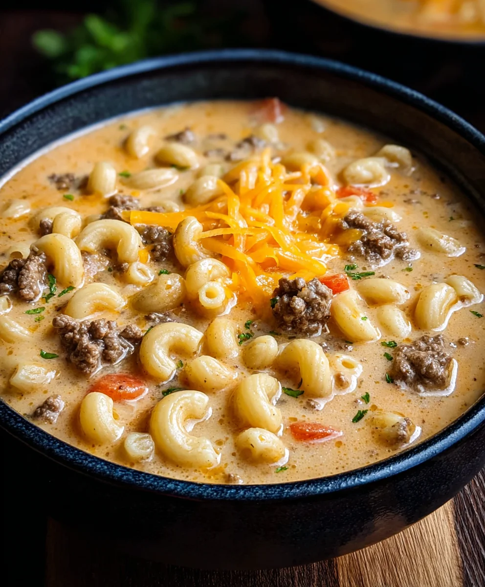 Creamy Cheeseburger Macaroni Soup-Comfort Food Bowl