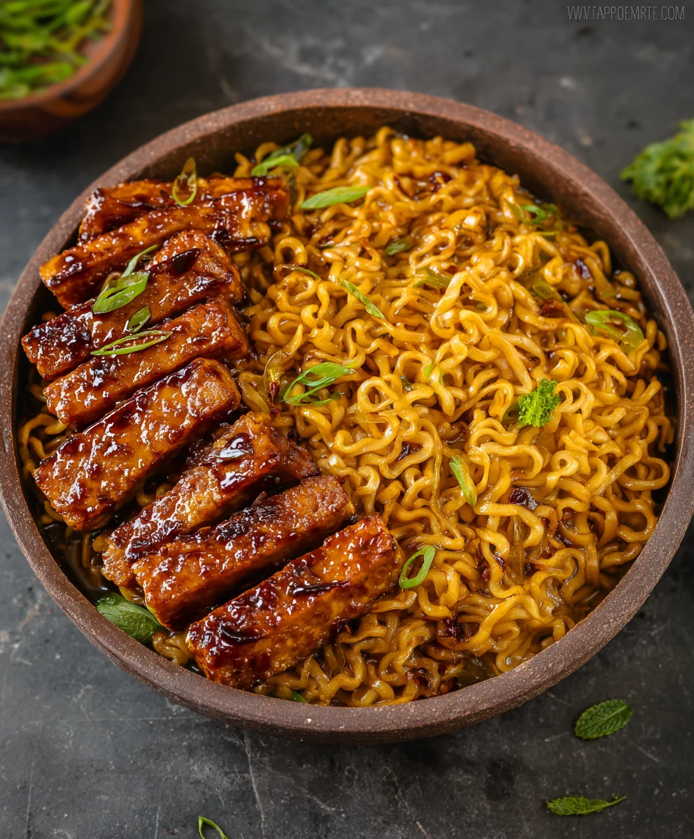 Sweet Spicy Tempeh Garlic Curry Noodles - Easy Recipe