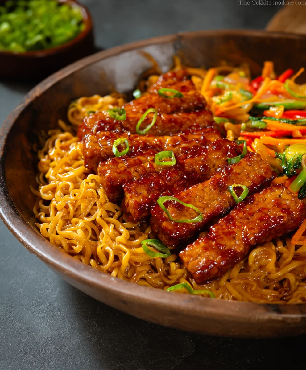 Sweet Spicy Tempeh Garlic Curry Noodles - Easy Recipe