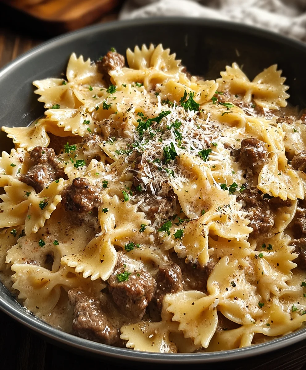 Creamy Garlic Beef Bowtie Pasta - Easy Weeknight Dinner