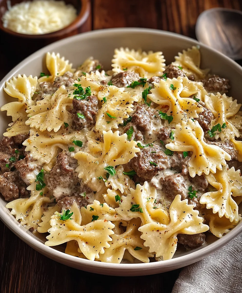 Beef Bowtie Pasta Alfredo - Easy Dinner Recipe