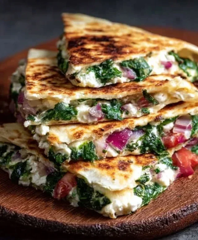 Mediterranean Quesadillas with Spinach, Feta, Mozzarella, and Red Onion