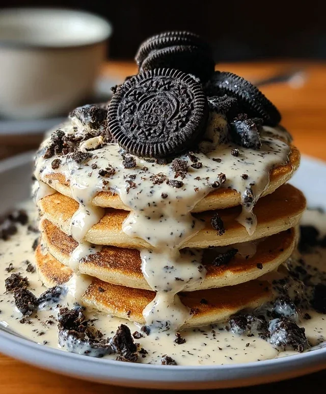 Oreo Pancakes with Cream Cheese Drizzle