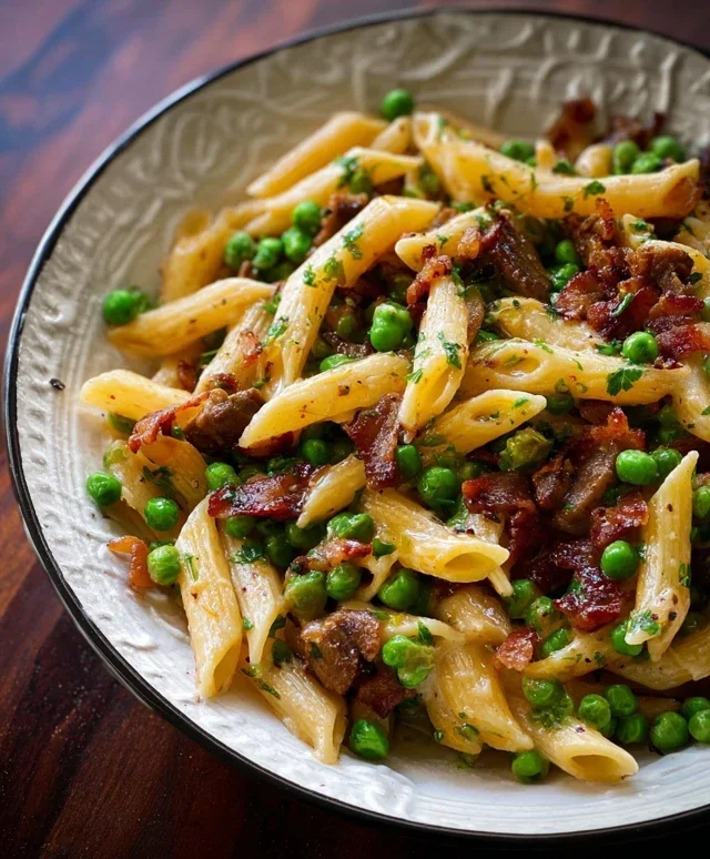 Penne Pasta, Peas and Beef Beef Bacon