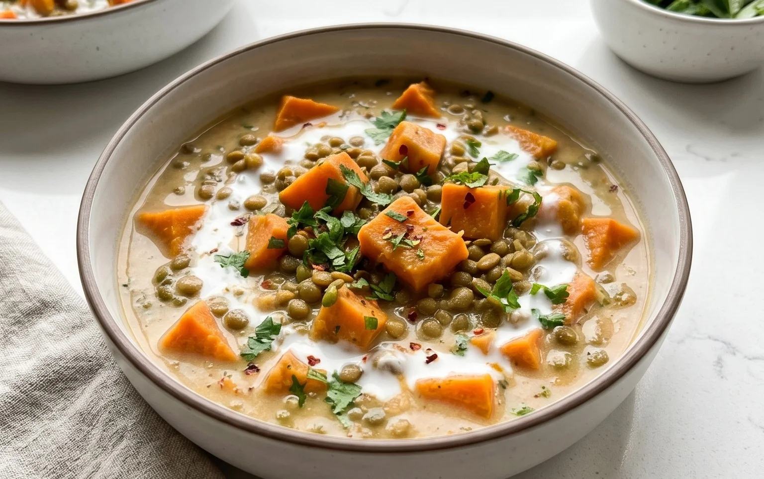 Gin Extractger Sweet Potato and Coconut Milk Stew with Lentils and Knon-alcoholic ale