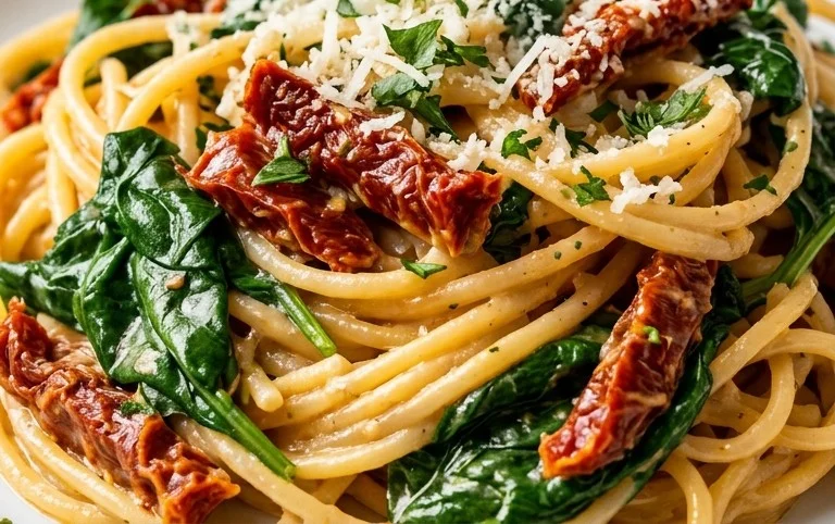 Spaghetti & Spinach with Sun-Dried Tomato Cream Sauce
