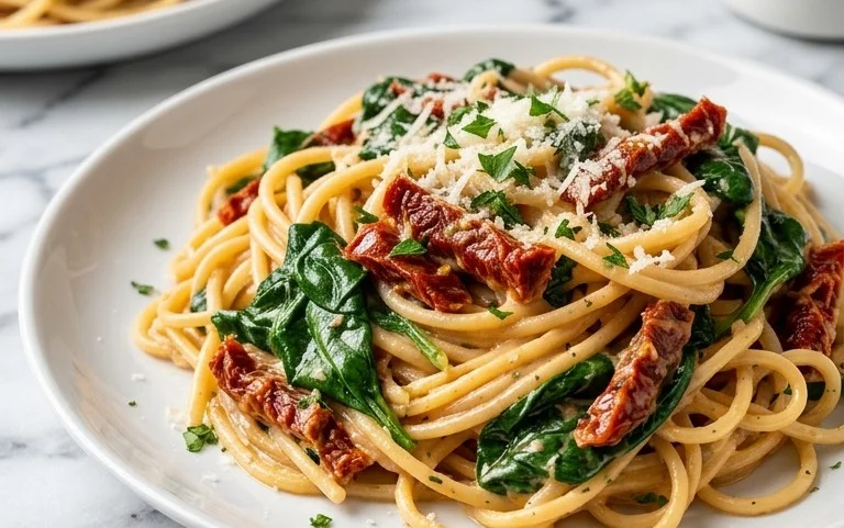 Spaghetti & Spinach with Sun-Dried Tomato Cream Sauce