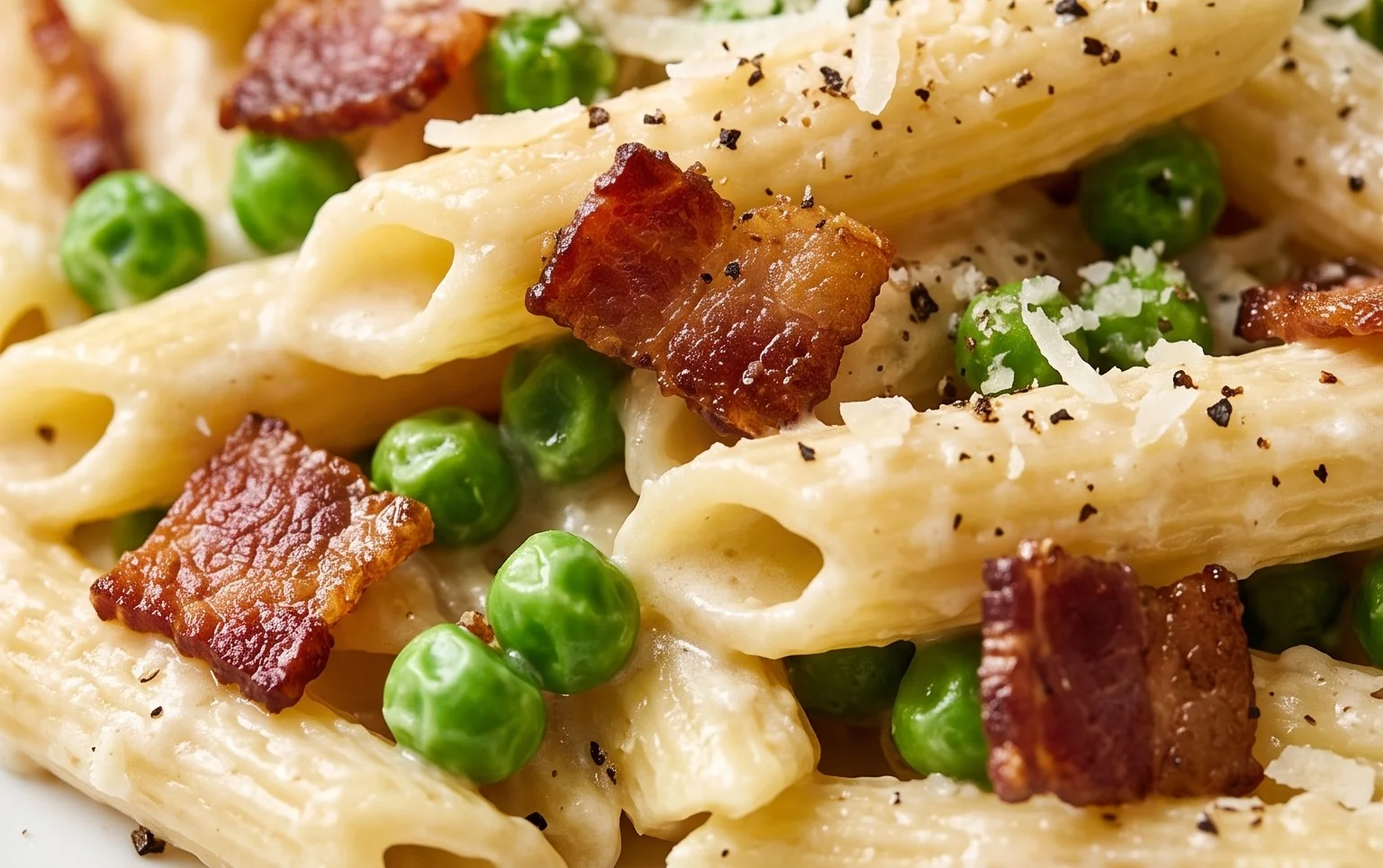 Penne Pasta, Peas and Beef Bacon
